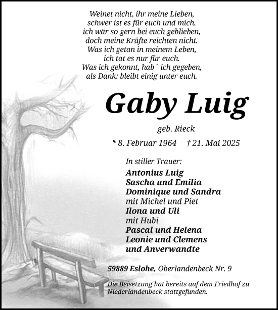 Todesanzeige von Gaby Luig von HASK