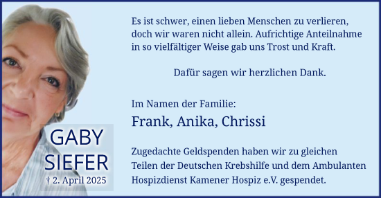 Todesanzeige von Gaby Siefer von WA
