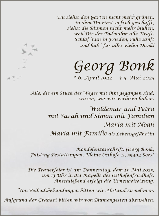Todesanzeige von Georg Bonk von WA