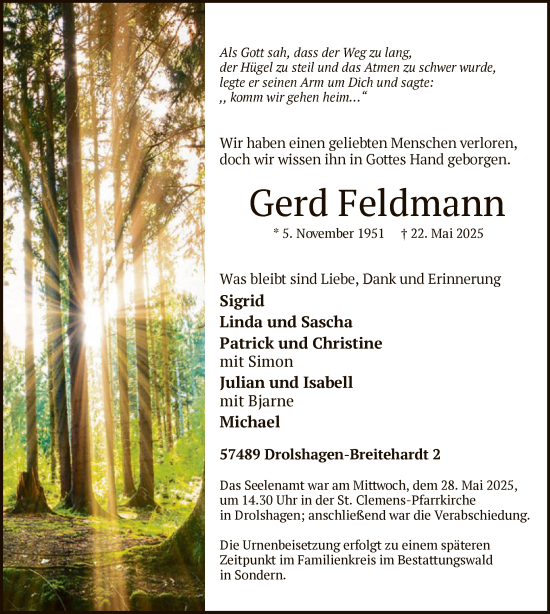 Todesanzeige von Gerd Feldmann von HASK