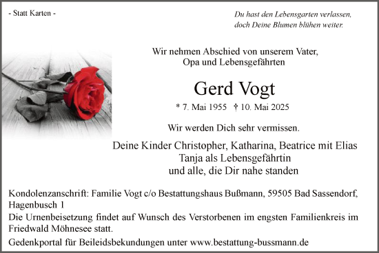 Todesanzeige von Gerd Vogt von WA