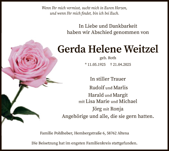 Todesanzeige von Gerda Helene Weitzel von WA