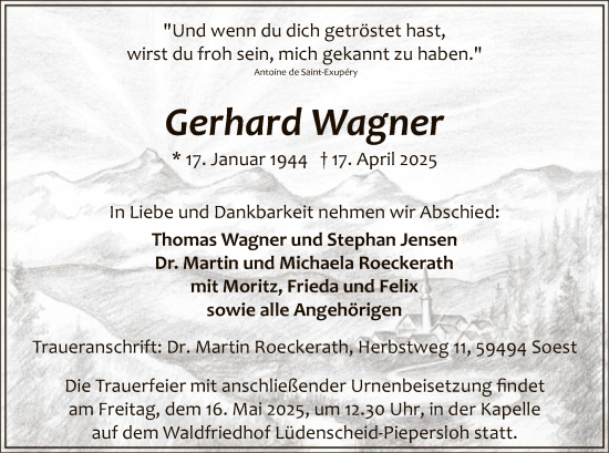 Todesanzeige von Gerhard Wagner von WA