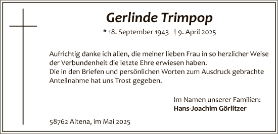 Todesanzeige von Gerlinde Trimpop von HALN