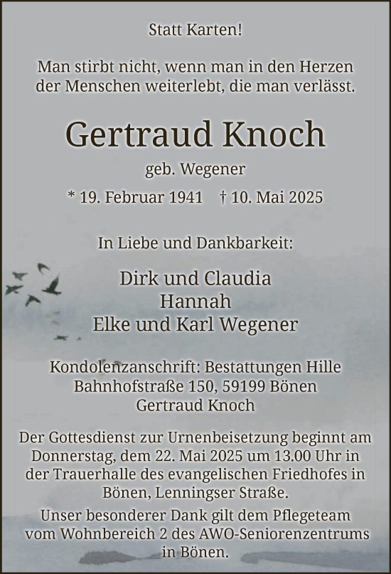 Todesanzeige von Gertraud Knoch von WA