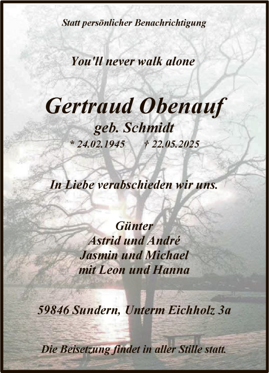 Todesanzeige von Gertraud Obenauf von HASK
