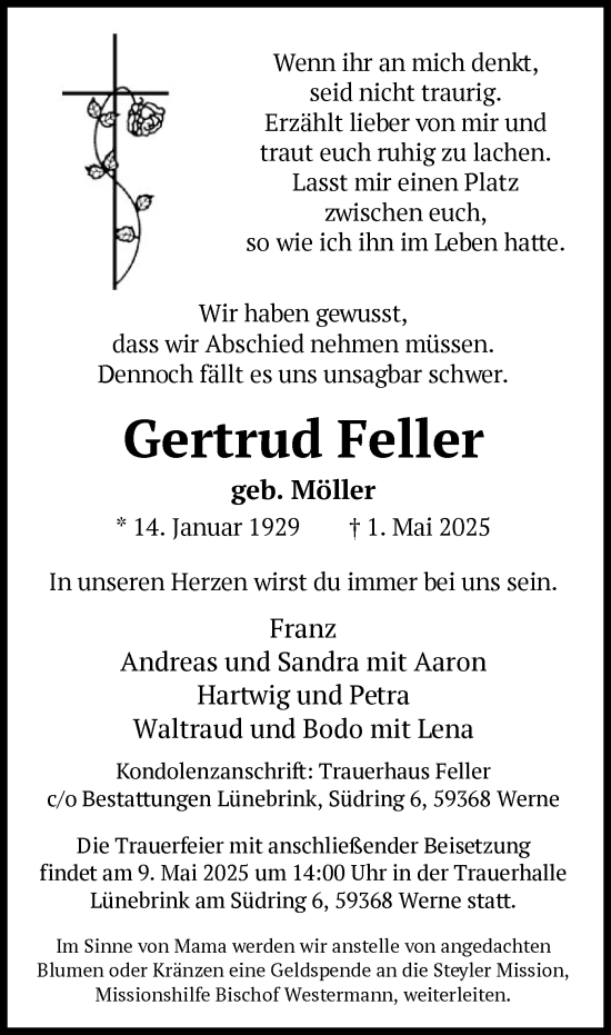 Todesanzeige von Gertrud Feller von WA