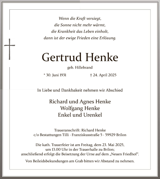 Todesanzeige von Gertrud Henke von WA
