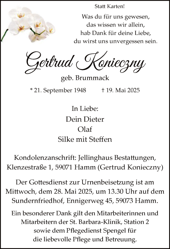 Todesanzeige von Gertrud Konieczny von HAWA