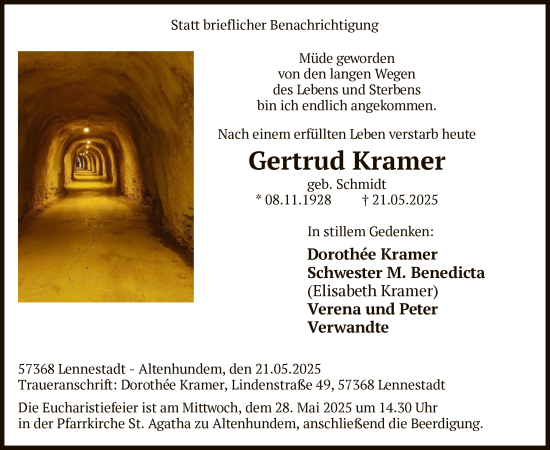 Todesanzeige von Gertrud Kramer von HASK
