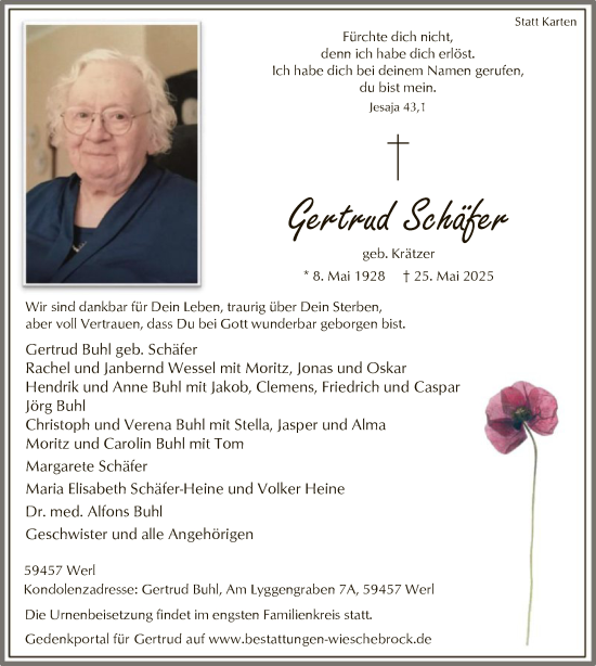Todesanzeige von Gertrud Schäfer von HASO