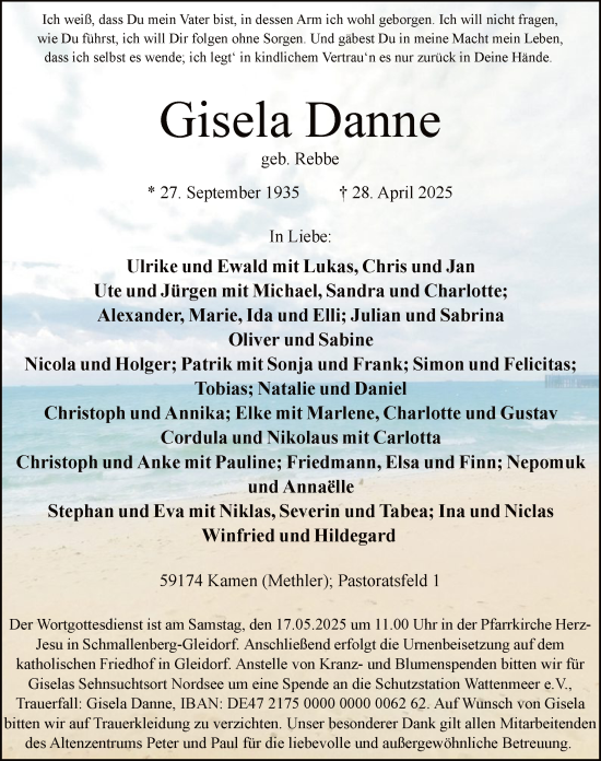 Todesanzeige von Gisela Danne von WA