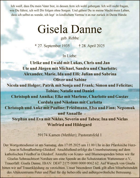 Todesanzeige von Gisela Danne von WA