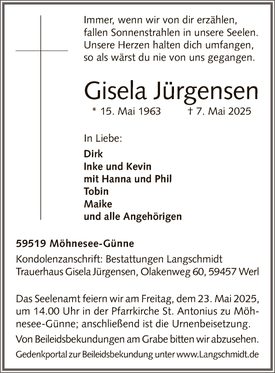 Todesanzeige von Gisela Jürgensen von WA