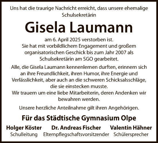 Todesanzeige von Gisela Laumann von WA