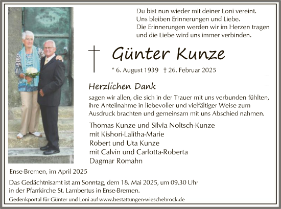 Todesanzeige von Günter Kunze von WA