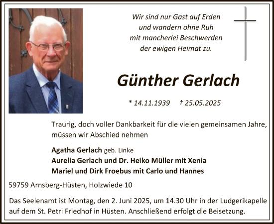 Todesanzeige von Günther Gerlach von HASK
