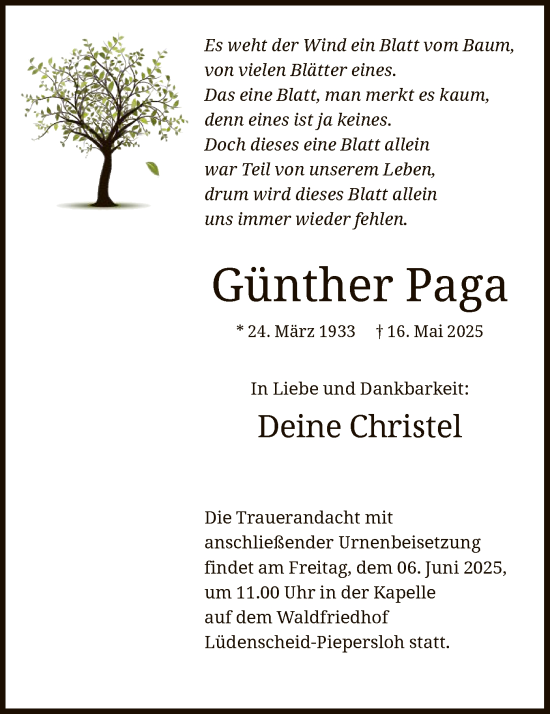 Todesanzeige von Günther Paga von HALN