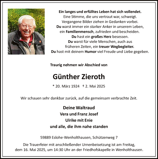 Todesanzeige von Günther Zieroth von WA