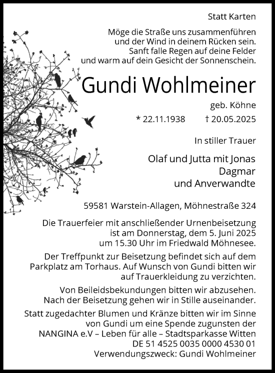 Todesanzeige von Gundi Wohlmeiner von HASO