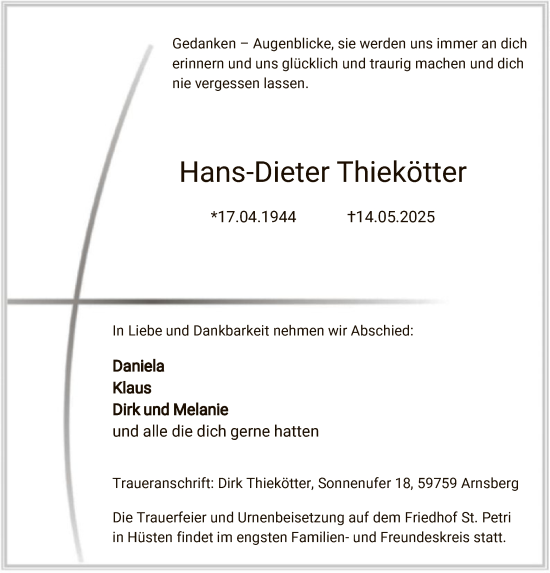 Todesanzeige von Hans-Dieter Thiekötter von WA