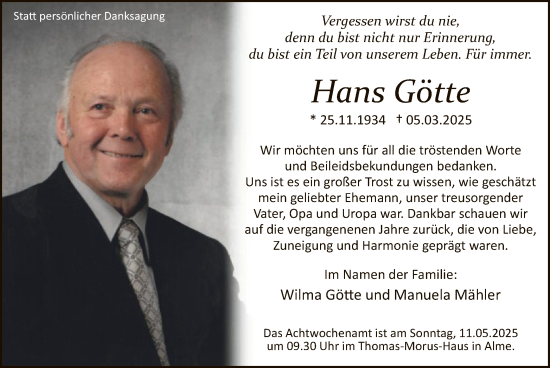 Todesanzeige von Hans Götte von WA