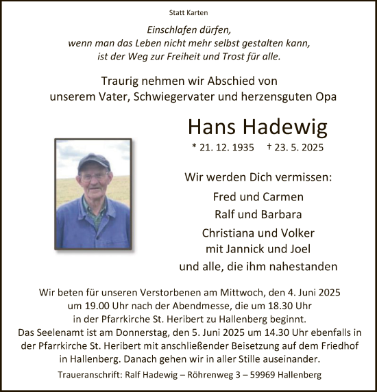 Todesanzeige von Hans Hadewig von HASK
