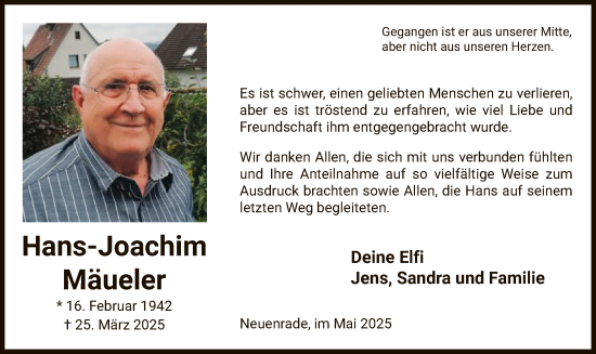 Todesanzeige von Hans-Joachim Mäueler von WA
