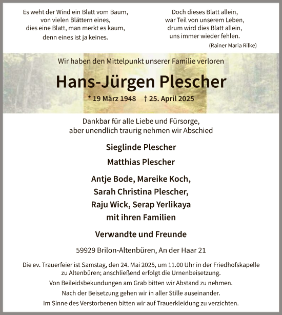 Todesanzeige von Hans-Jürgen Plescher von WA