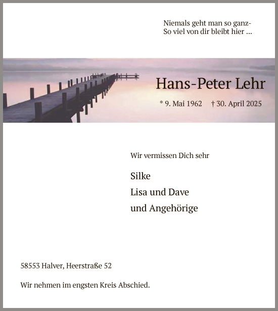 Todesanzeige von Hans-Peter Lehr von WA