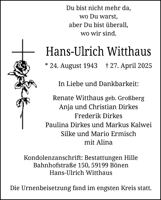 Todesanzeige von Hans-Ulrich Witthaus von WA