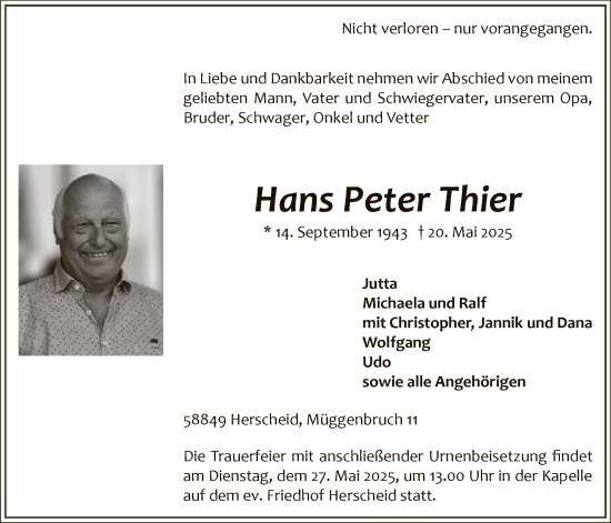 Todesanzeige von Hans Peter Thier von HALN