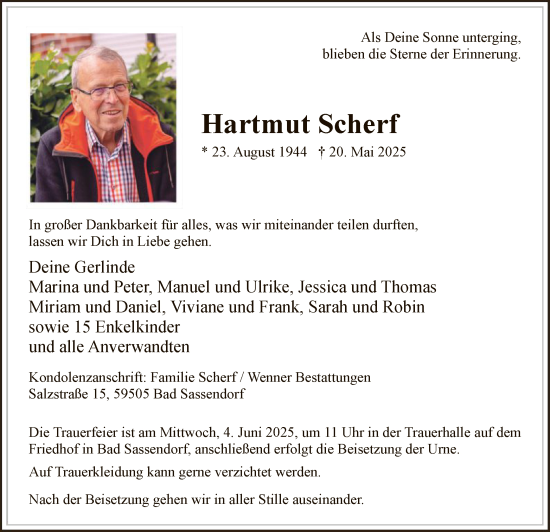 Todesanzeige von Hartmut Scherf von HASO