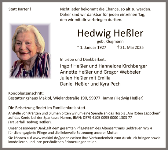 Todesanzeige von Hedwig Heller von HAWA