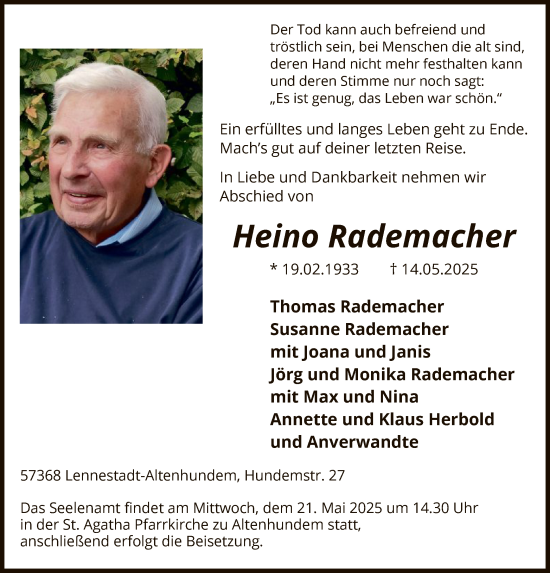 Todesanzeige von Heino Rademacher von WA
