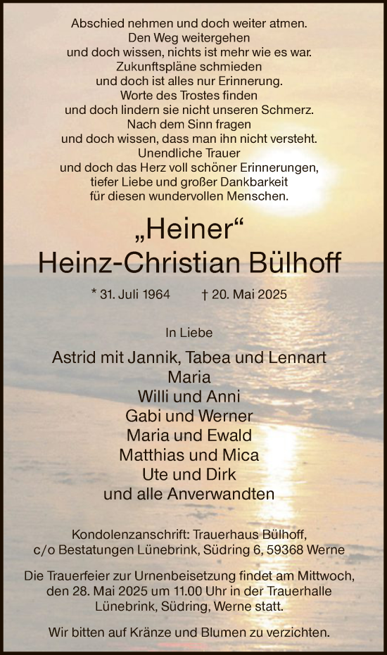 Todesanzeige von Heinz-Christian Bülhoff von HAWA