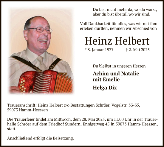 Todesanzeige von Heinz Helbert von WA