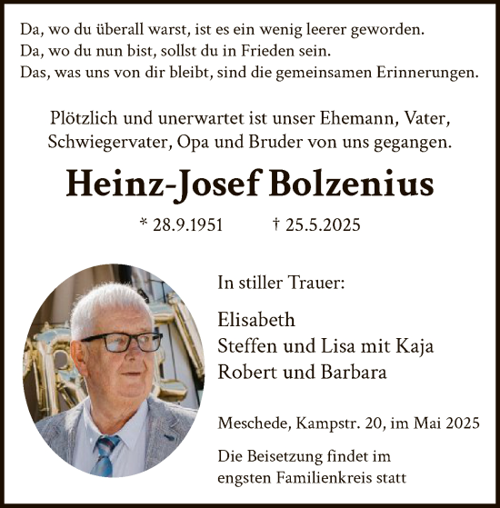 Todesanzeige von Heinz-Josef Bolzenius von HASK