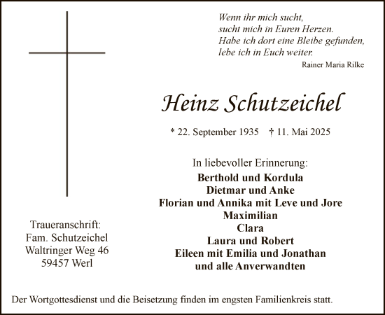 Todesanzeige von Heinz Schutzeichel von WA