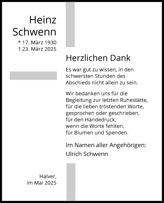 Todesanzeige von Heinz Schwenn von WA