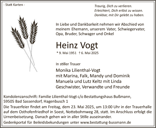 Todesanzeige von Heinz Vogt von WA