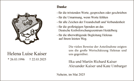 Todesanzeige von Helena Luise Kaiser von WA