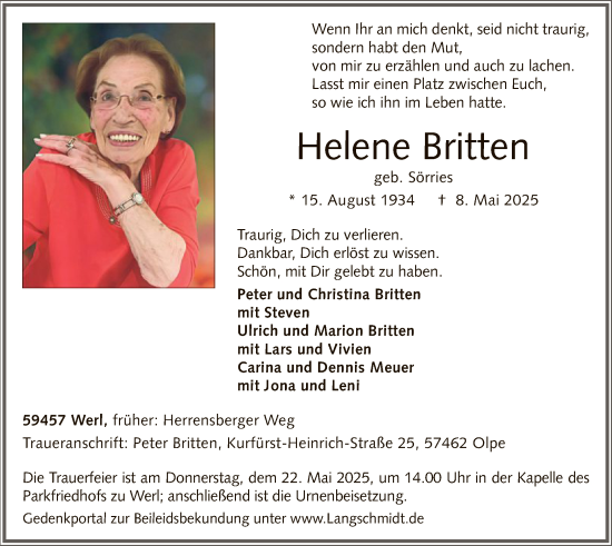 Todesanzeige von Helene Britten von WA