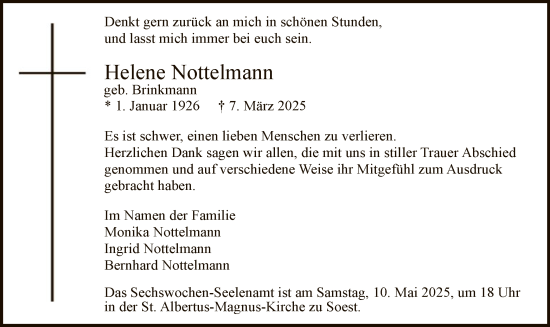 Todesanzeige von Helene Nottelmann von WA