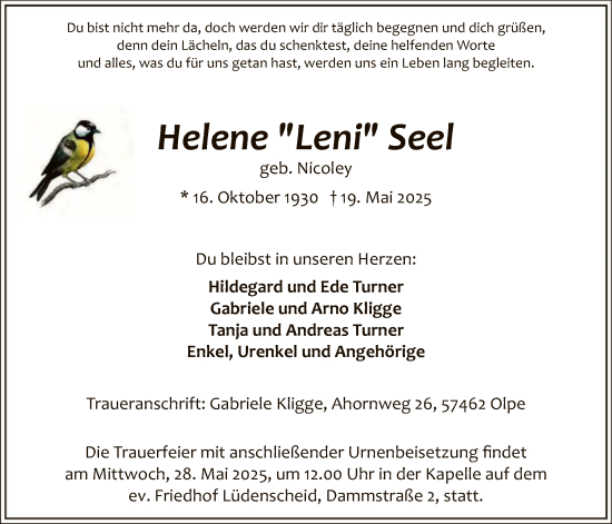 Todesanzeige von Helene Seel von HASKHALN