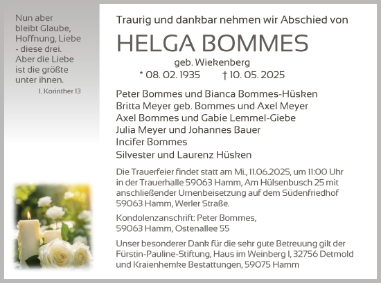 Todesanzeige von Helga Bommes von HAWA