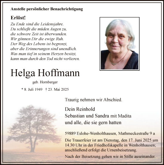 Todesanzeige von Helga Hoffmann von HASK