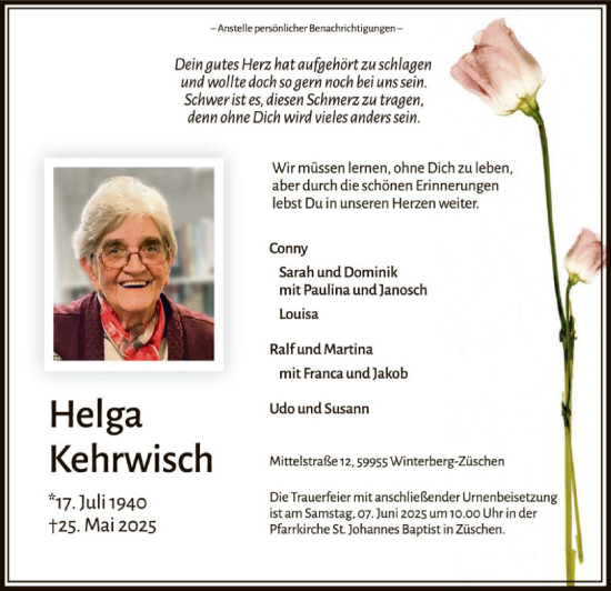 Todesanzeige von Helga Kehrwisch von HASK