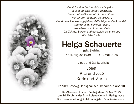 Todesanzeige von Helga Schauerte von WA