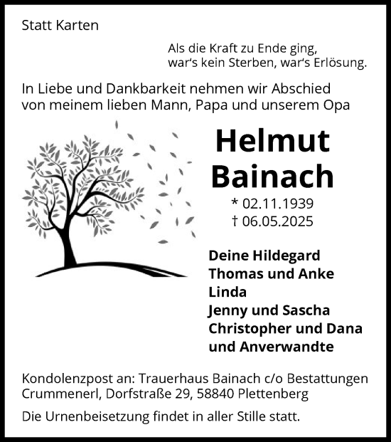 Todesanzeige von Helmut Bainach von WA